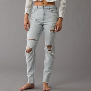 Aerie High Rise Distressed Jeans in Light Gray